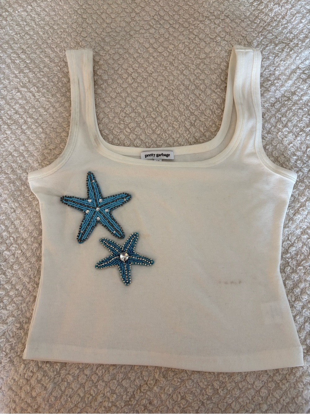 Pretty Garbage Cream Ribbed Tank with Blue Beaded Starfish